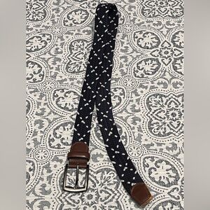 Braided Navy and White Womens Fabric Belt with Brown Leather Trim